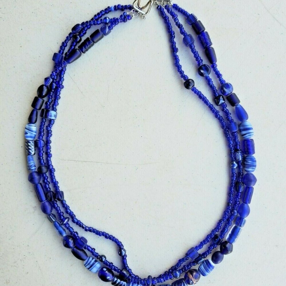 Cobalt Blue 3 Strand Beaded Necklace